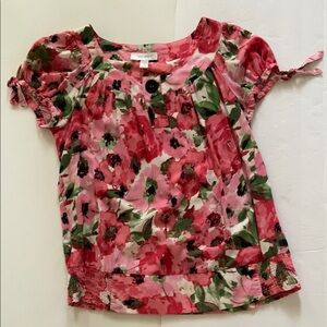 Dressbarn Pink and Green Floral Blouse with Short Sleeves